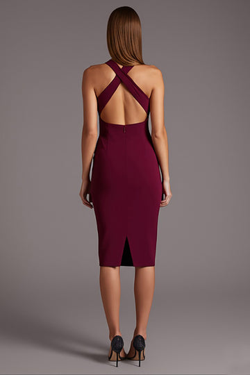 Burgundy Sheath Criss Cross Neck Cut Out Midi Formal Dress